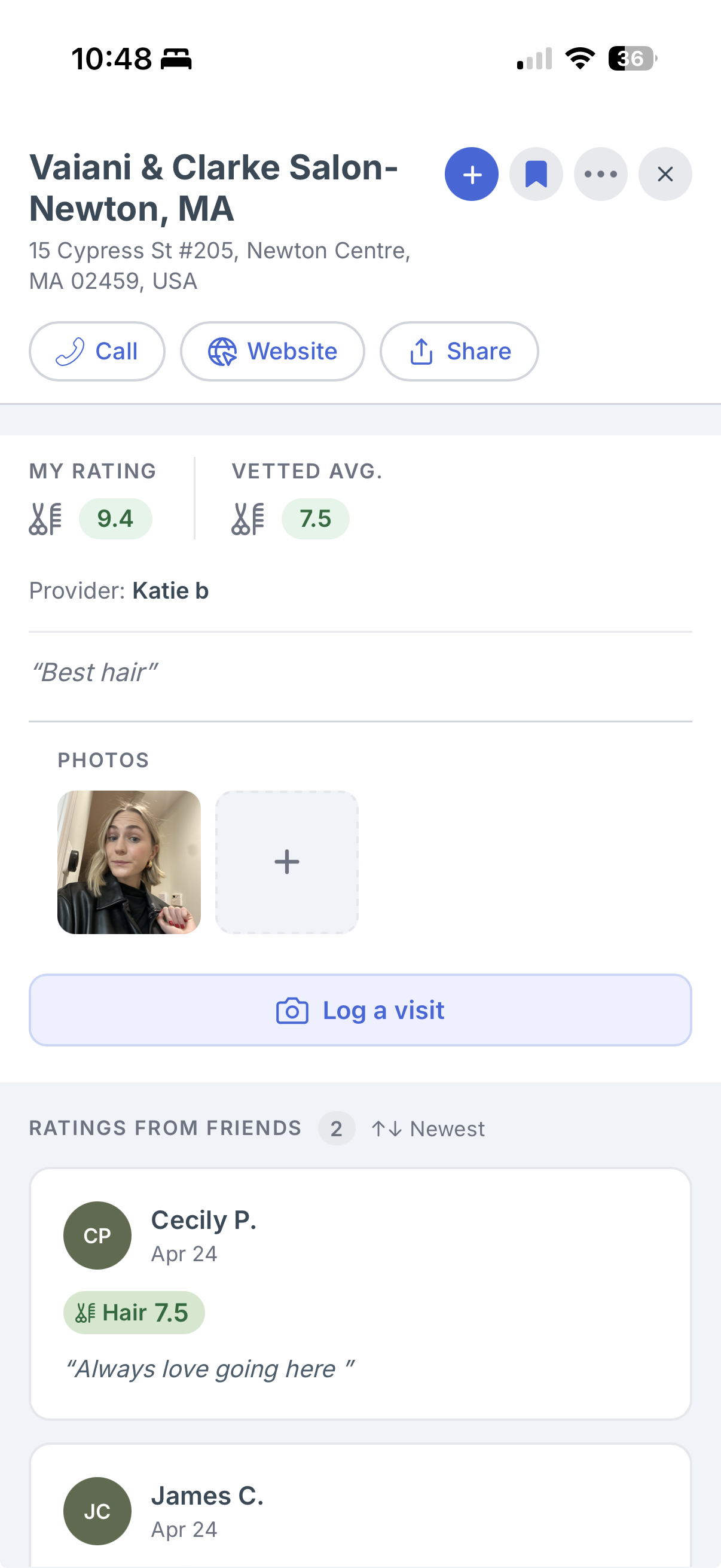 Keeper place detail showing friend ratings